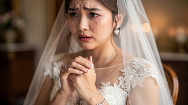 An emotional Asian bride in a white lace wedding gown and veil crying with tears on her face, clasping her hands together in deep sorrow or regret during a marriage ceremony.