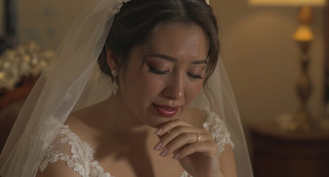 A close-up of a sorrowful bride in a lace wedding dress and veil crying with tears on her face, touching her chin with a ring on her finger during an emotional marriage moment.