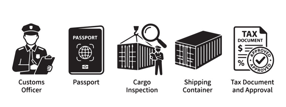 Set of logistics and customs icons showing import and export control procedures