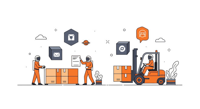 Astronauts managing futuristic space logistics and interplanetary shipping in a warehouse illustration.