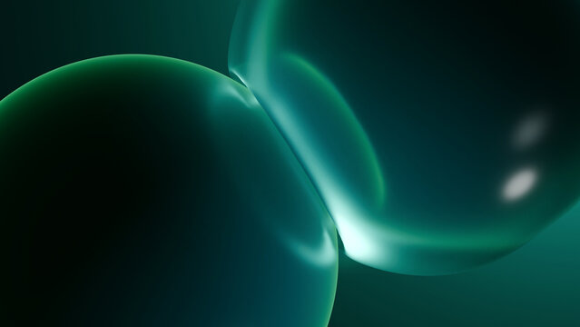 3D modern abstract dark green glowing glass spheres composition. Ideal for luxury brand backgrounds, tech headers, sleek digital wallpapers, and UI mobile backdrops