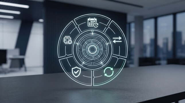 Futuristic digital interface with business icons floating above a modern office conference table in a professional workspace