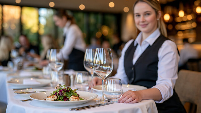 Elegant reserved table in a luxurious restaurant with a clearly visible reservation sign, perfectly arranged plates, silverware and crystal glasses, professional waitstaff moving between tables, gue