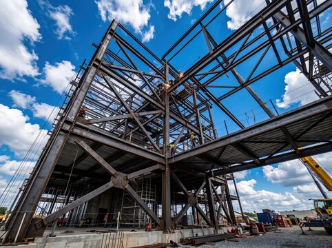 Construction Site Featuring Steel Framework under Blue Sky with White Clouds and Workers