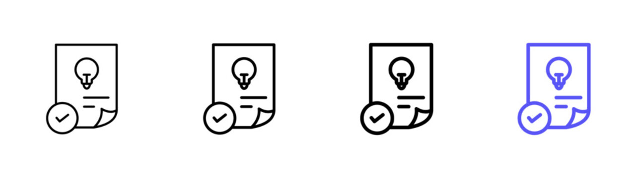 Patented idea document checkmark approved innovation bulb linear icon collection design. Editable vector stroke icons