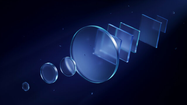 Floating glass circles and squares of varying sizes arranged in a sequence against a dark blue background atmosphere