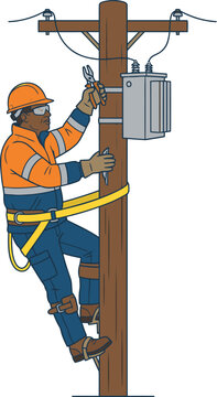 Electrician lineworker climbing wooden utility pole to repair electrical transformer illustration.