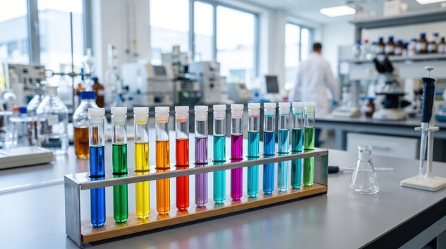 Colorful Test Tubes with Chemical Solutions in a Modern Laboratory Setting