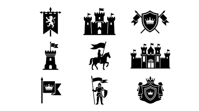 Medieval Castle Shields and Flags Icon.