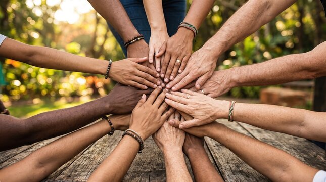 Diverse Group of Hands Coming Together for Unity and Collaboration in an Outdoor Setting