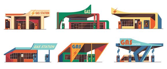 Gas stations with canopy and fuel service area, signage and infrastructure. Refueling point for energy supply and transportation, petroleum industry and automotive service. Vector roadside facilities © Sensvector