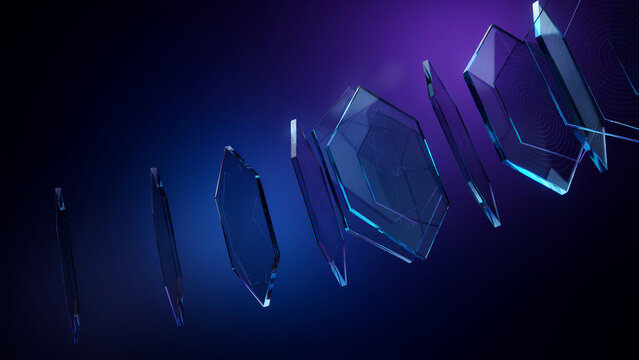 Floating transparent glass hexagonal shapes with blue and purple light reflections against a dark gradient background