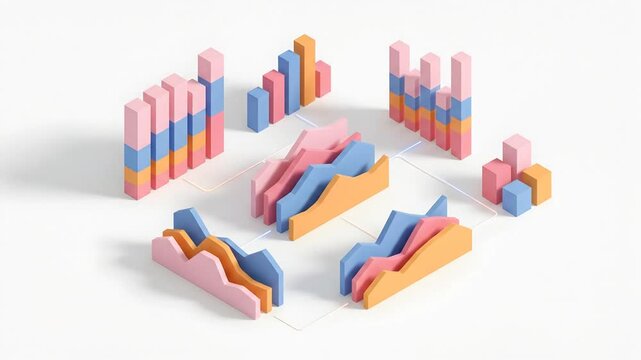 Isometric 3D Bar Charts and Wave Graphs Showing Financial Market Data