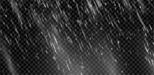 Fototapeta na wymiar Realistic falling rain and snow overlay for design projects, layered winter storm texture with transparent particles, motion and frost effects. Vector realistic isolated illustration
