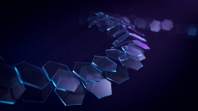 Floating wave of translucent blue and purple hexagonal glass tiles arranged in a curved structure in dark atmosphere