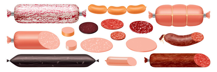 Assortment of smoked and boiled sausages, frankfurters and deli meats. Whole products with sliced portions to showcase authentic texture and traditional quality. Vector butcher branding © Sensvector