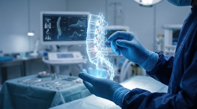 Surgeon hands holding a glowing holographic human spine model in a modern operating room, illustrating advanced medical imaging and surgical precision technology.