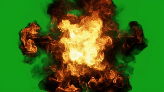 Explosive fire burst with thick dark smoke clouds against a green screen background for cinematic visual effects assets