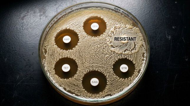 Bacterial culture showing antibiotic resistance patterns in a laboratory setting