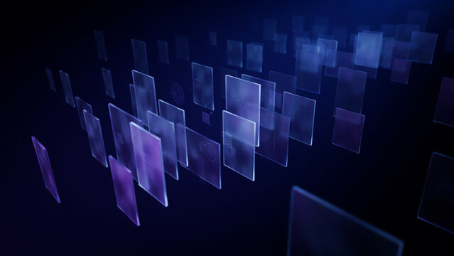 Multiple translucent glass rectangles floating in a dark blue space creating a complex layered digital composition
