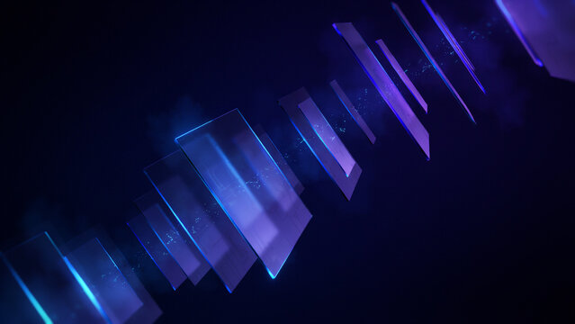 Translucent glass rectangles with glowing blue and purple edges, floating in a dark space with soft light lens flares