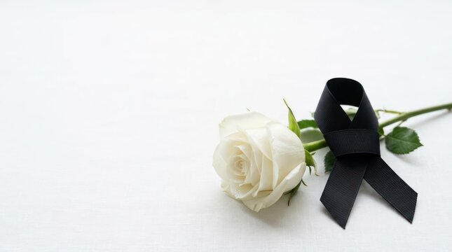 White Rose with Black Ribbon Symbolizing Mourning and Remembrance.