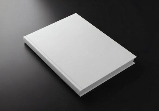 Blank white hardcover book mockup on dark background. Minimalist empty notebook cover template for publishing, branding, and design presentation.
