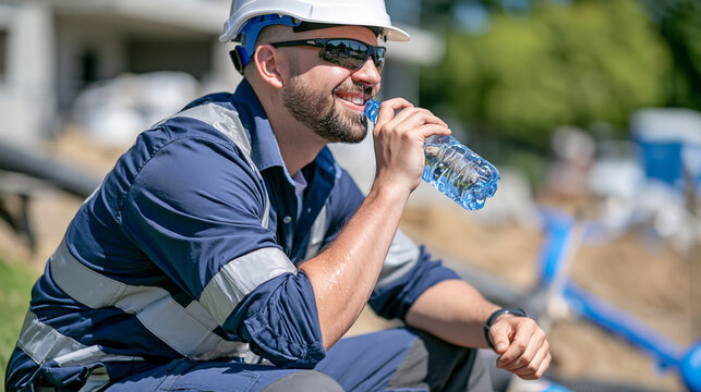 Close up of construction worker drinking fresh bottled water during a hot summer workday, dusty building site softly blurred behind, protective helmet and safety clothing, bright harsh sunlight, swe