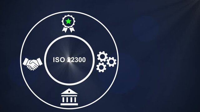 Iso 22300 standard compliance motion featuring corporate governance business process optimization symbols, assurance badges, and strategic partnership handshake