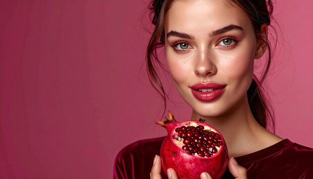 Young professional woman with vibrant red lipstick holding fresh garnet pomegranate fruit against solid magenta background for healthy lifestyle br...
