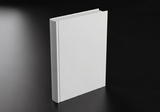 Blank white hardcover book mockup standing on dark reflective surface, minimalist template for branding and cover design presentation, elegant isolated catalog portfolio showcase.