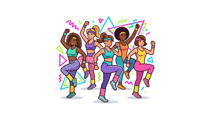 Fototapeta premium Retro Aerobics Women Dancing 80s Fitness Group Isolated