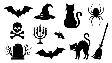 Fototapeta premium Spooky Halloween silhouettes set with bats cats skull and witch hat
