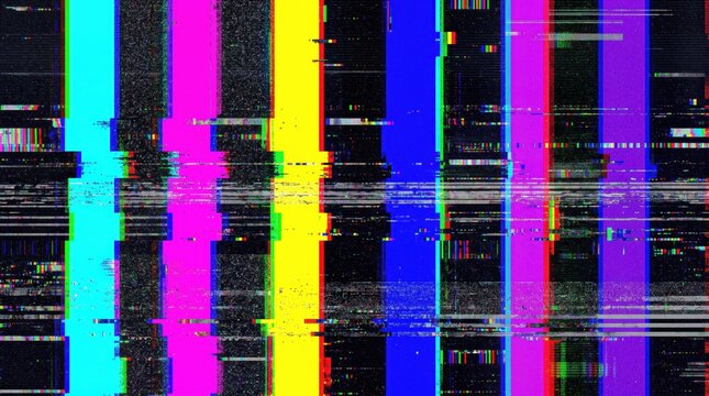 Colorful television static noise and glitch effect background, retro VHS distortion with vibrant vertical bars, digital error signal interference for creative design projects