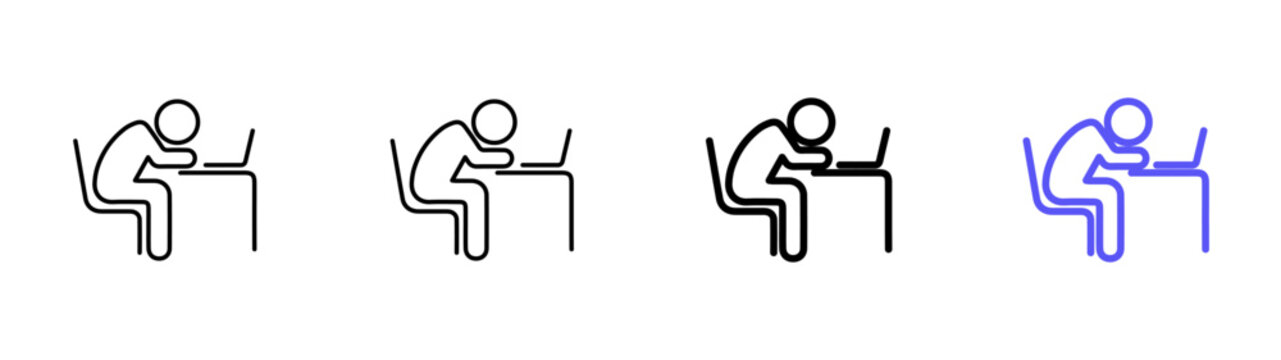Tired exhausted worker burnout sleeping laptop desk linear icon collection design. Editable vector stroke icons