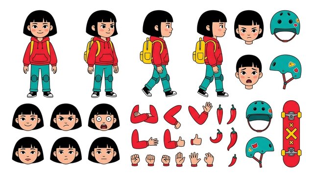 Cute character construction set featuring young girl in red hoodie with skateboard