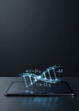 Moderno concetto di educazione, elegante e sofisticato tablet con proiezione olografica di concetti scientifici con spazio per testo
