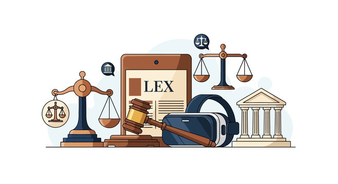 Legal Technology and Future Justice Concept Illustration with VR Headset, Gavel, and Scales