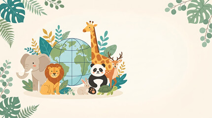 Fototapeta premium Cartoon globe surrounded by diverse wild animals and tropical foliage