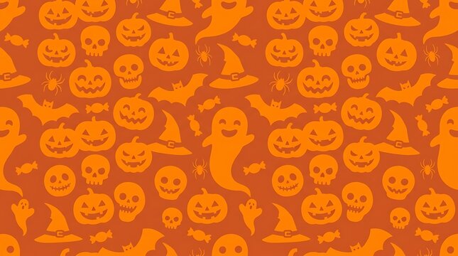 Seamless orange pattern featuring various icons associated with the annual autumn holiday of ghosts with background pattern decorated
