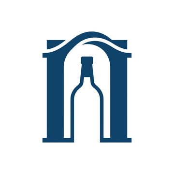 Creative negative space wine bottle and cellar archway icon for winery brand