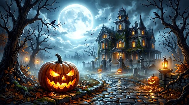 A carved glowing jack o lantern sits on a cobblestone path before a spooky haunted mansion with leading dark haunted mansion under full
