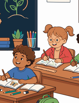 classroom flat vector Cute Children Writing and Drawing at Classroom Desks Vector Artwork