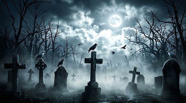 Black ravens perched on stone crosses in a foggy graveyard under a full moon night sky with misty cemetery surrounded ravens stand weathered
