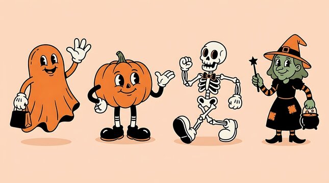 Cartoon halloween characters including a ghost a pumpkin a skeleton and a witch standing together with against light background arranged row