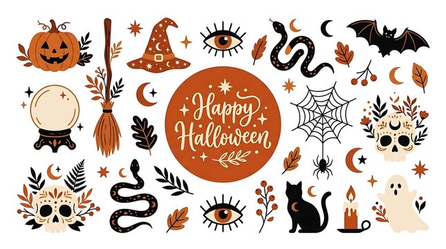 Set of decorative halloween icons and symbols with a central happy halloween text element on a white background with illustrations