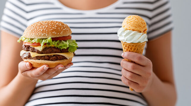 Close up of a pregnant woman in a striped shirt holding a double cheeseburger in one hand and an ice cream cone in the other.