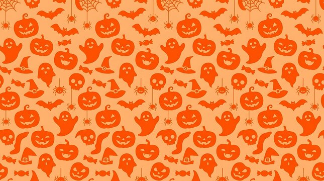 Seamless orange pattern featuring jack o lanterns ghosts bats spiders and hats for seasonal holiday decoration background with repeating silhouettes jack