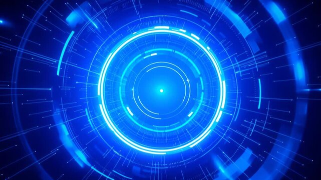 Luminous blue circular interface with rotating elements and glowing data lines on a dark background