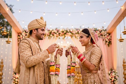 Bride and Groom Exchanging Floral Garlands During Wedding Ceremony
